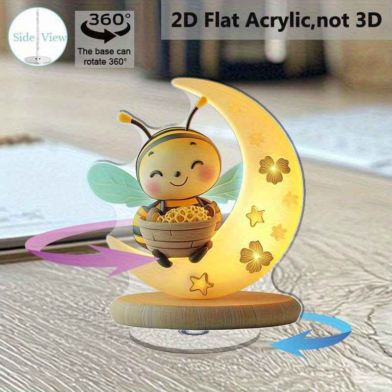 2D Flat, 2D Flat Acrylic Desktop Decor - Rotating Moonlit Bee with Warm Glow, Humorous Smiling Bee & Honeycomb Design, Durable PMMA Material, Indoor/Outdoor Home Office Decoration, No Electricity Needed, Little Bee Lamp, Bee