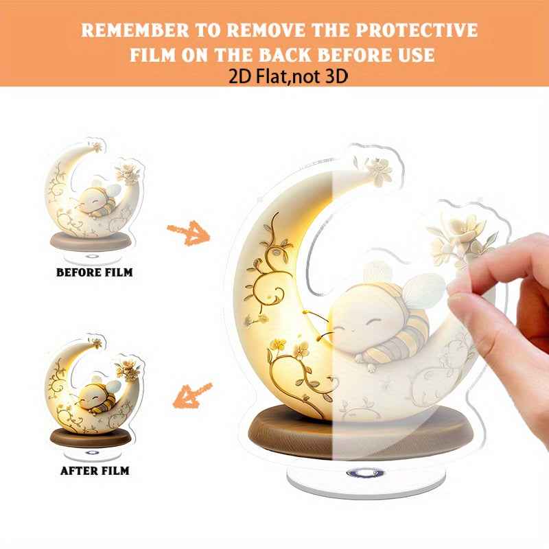 2D Flat Acrylic Tabletop Display Plaque, A Cute Bee Sleeping On A Moon-Shaped Decorative Lamp, Rotatable, With Base