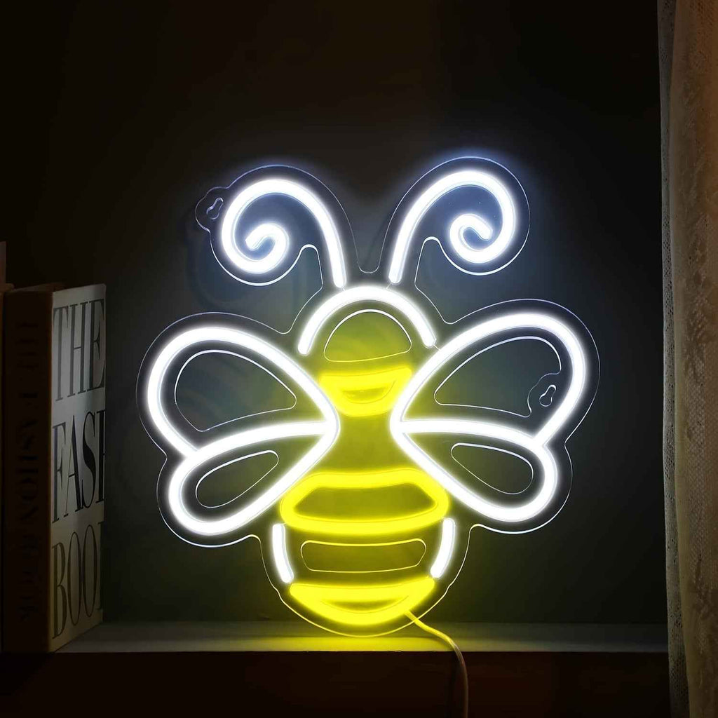 LED Neon Bee & Honeycomb Wall - USB-Powered Plug-in Glow Room,, Bee-Themed Party Decor, Durable Plastic Hanging Bee Sign with Switch Control, No, Bedside (White Glow, USB-Powered Fixture