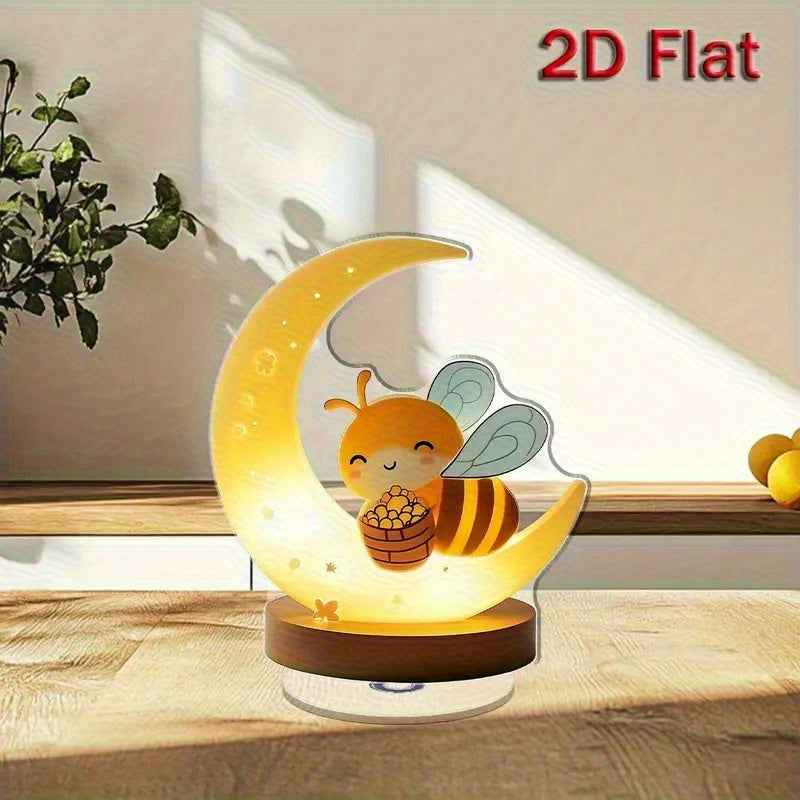 2D Flat, 2D Flat Acrylic Bee Night Light with Crescent Moon & Brown Base - 360° Rotating Cute Cartoon Bee Design, No Electricity Needed for Indoor/Outdoor Bedroom Decor - Ideal Gift for Home, Housewarming, Birthdays, 2D Flat