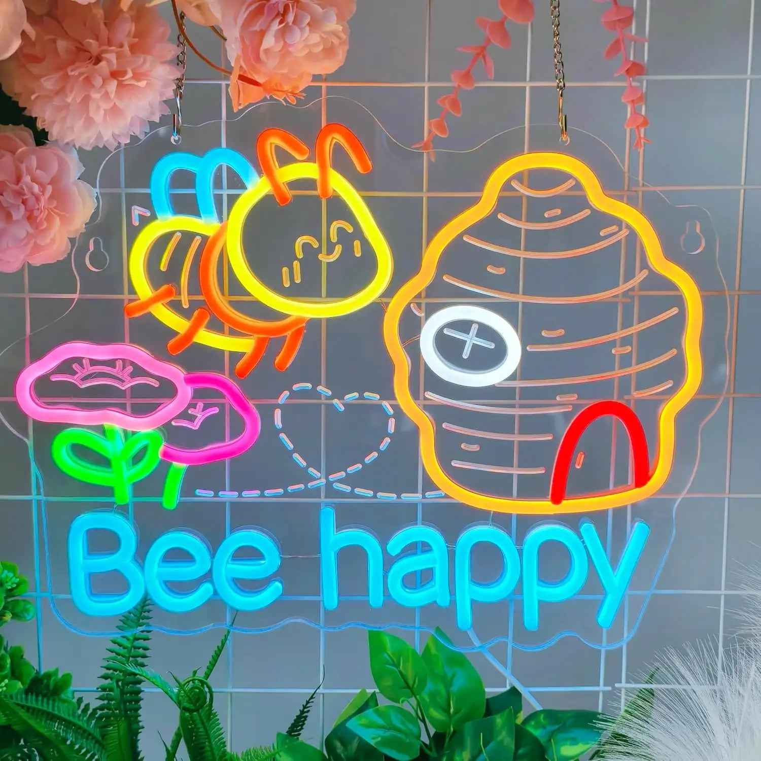 Happy Bee LED Dimmable Neon Light, Suitable for Restaurants, Shops, Bars, Cafes, Parties, Bedrooms, and Home Decorations, USB Powered, Usb Powered Decor, Retail Display Illumination, Color Changing Light, Decorative Neon Tube