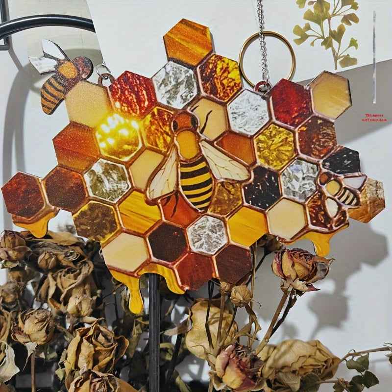 2D Flat, 2D Flat Bee and Honeycomb Colorful Acrylic Style Succulent Hanging Decor - Beautiful Garden and Outdoor Wall Decoration, Fully Power-Free, Perfect for Home and Lawn Ornaments, Suitable for Use in 11 Festivals, 2D Fla
