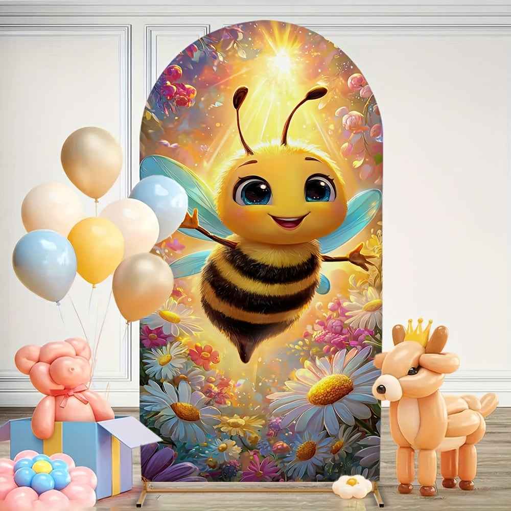 2D Flat, 1pc Cute Bee & Flower Arch Backdrop with Smiling Bees, Bumblebee & Honeycomb Patterns - Stretchable Birthday Party, Wedding, Shower Decorations - Room Theme (Pink/Green/Yellow), 2D Flat