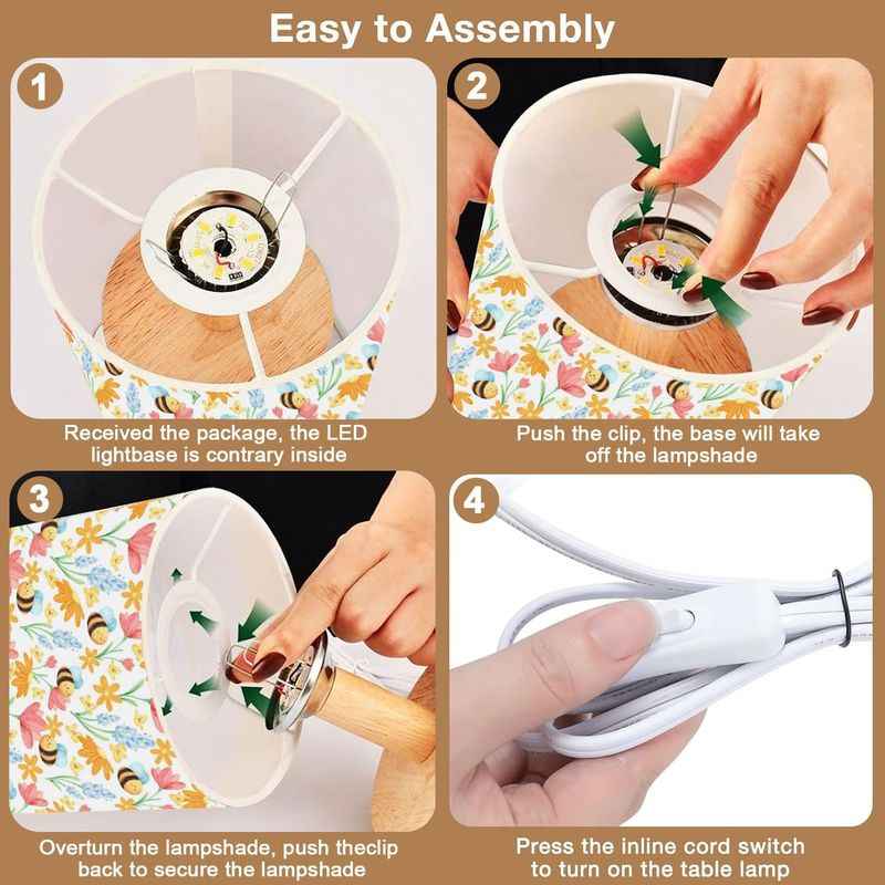 Festive Christmas & Year-Round LED Table Lamp with Warm White Light - Elegant Beige/Brown Floral Fabric Shade & Bee/ Motif, Soft Glow Bedside Light for Bedroom, Dorm, - -like Plug-and-Play Button Control (Wood