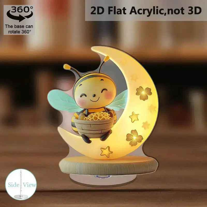 2D Flat, 2D Flat Acrylic Desktop Decor - Rotating Moonlit Bee with Warm Glow, Humorous Smiling Bee & Honeycomb Design, Durable PMMA Material, Indoor/Outdoor Home Office Decoration, No Electricity Needed, Little Bee Lamp, Bee