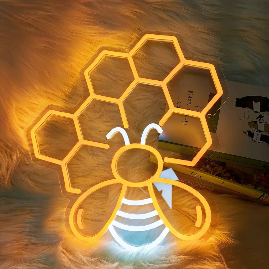 FOMZZE Cute Bee Neon Sign, USB Dimmable LED Light Up Sign, Creative Aesthetic Room Decor, with USB Light Compatible with Laptop, for Bedroom, Home Party, Birthday Gift, Wall Decor