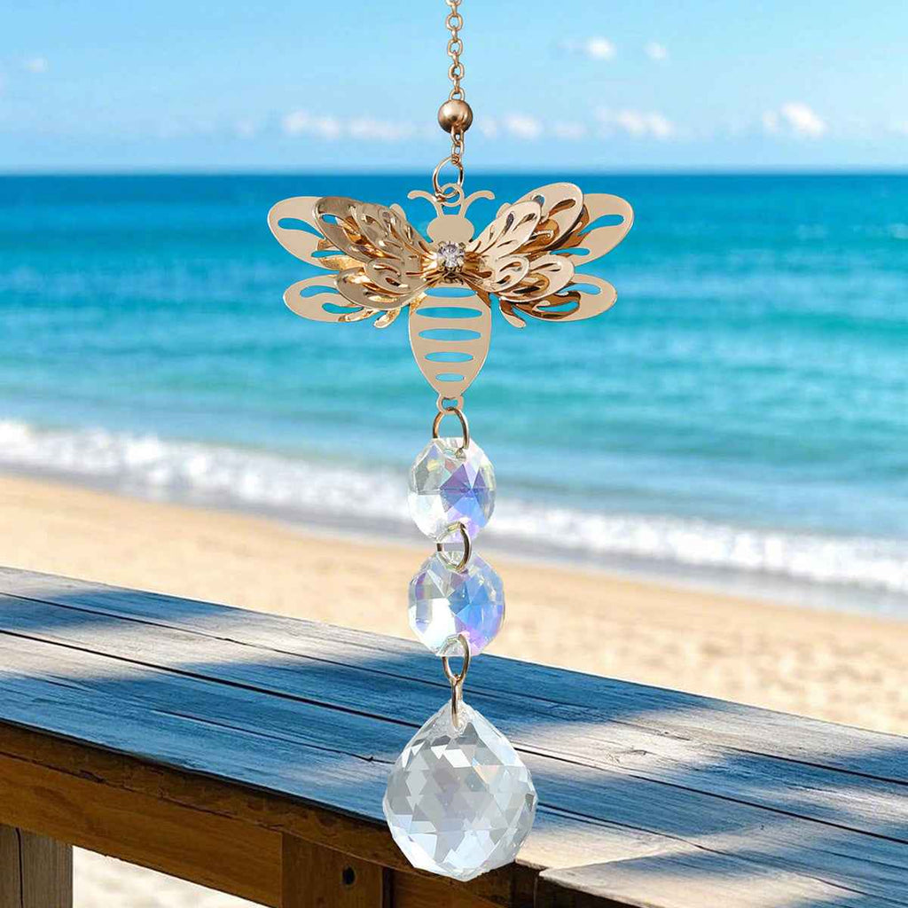 1pc Honey Bee Wind Chime - Metallic Spinning Suncatcher with Colorful Crystals, Bumblebee Garden Art Decor, Perfect for Indoor & Outdoor Ornament, Ideal Beekeeper or Gardener Gift, Crystal Prism Design for Year-Round Use, Bee