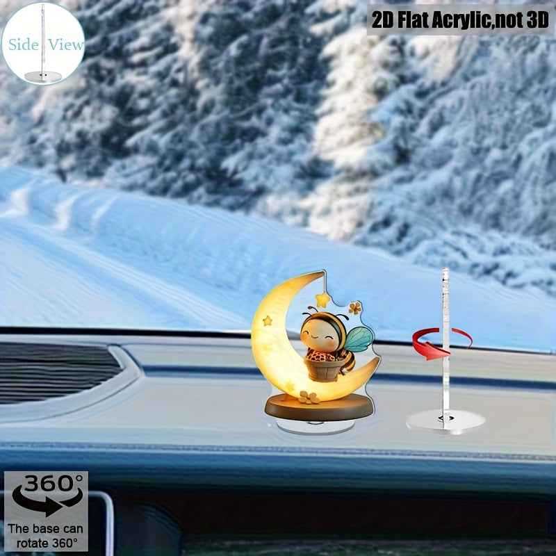 2D Flat, Spinning Bee on Crescent Moon Desk Decor - No Battery Needed, 360° Rotating Base with Glossy Acrylic Construction, Cute Tabletop Decoration for Home, Office, Parties - Perfect Housewarming or Wedding Gift for Bee Lo