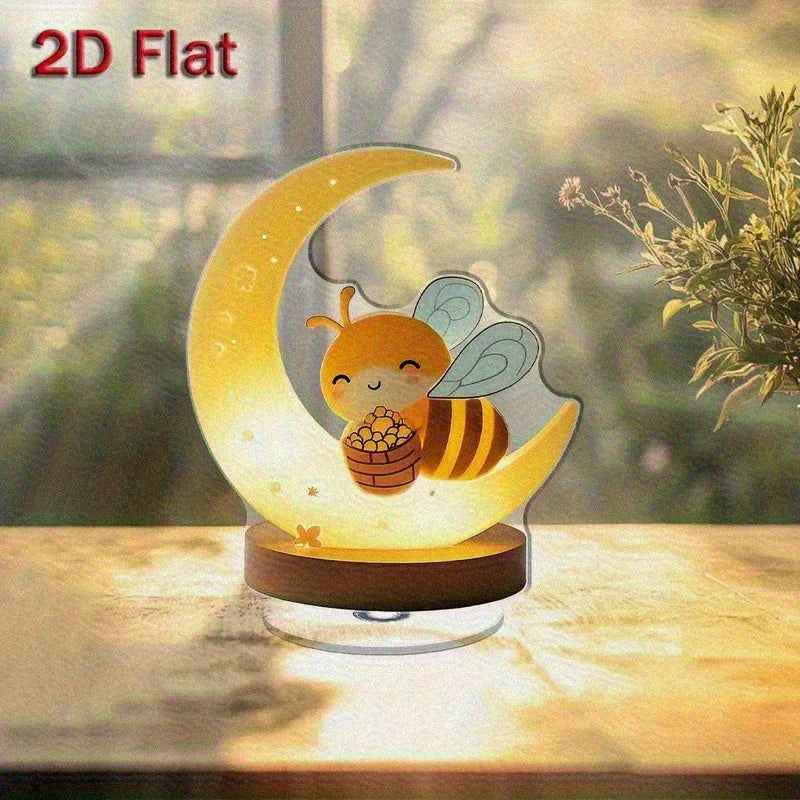 2D Flat, 2D Flat Acrylic Bee Night Light with Crescent Moon & Brown Base - 360° Rotating Cute Cartoon Bee Design, No Electricity Needed for Indoor/Outdoor Bedroom Decor - Ideal Gift for Home, Housewarming, Birthdays, 2D Flat