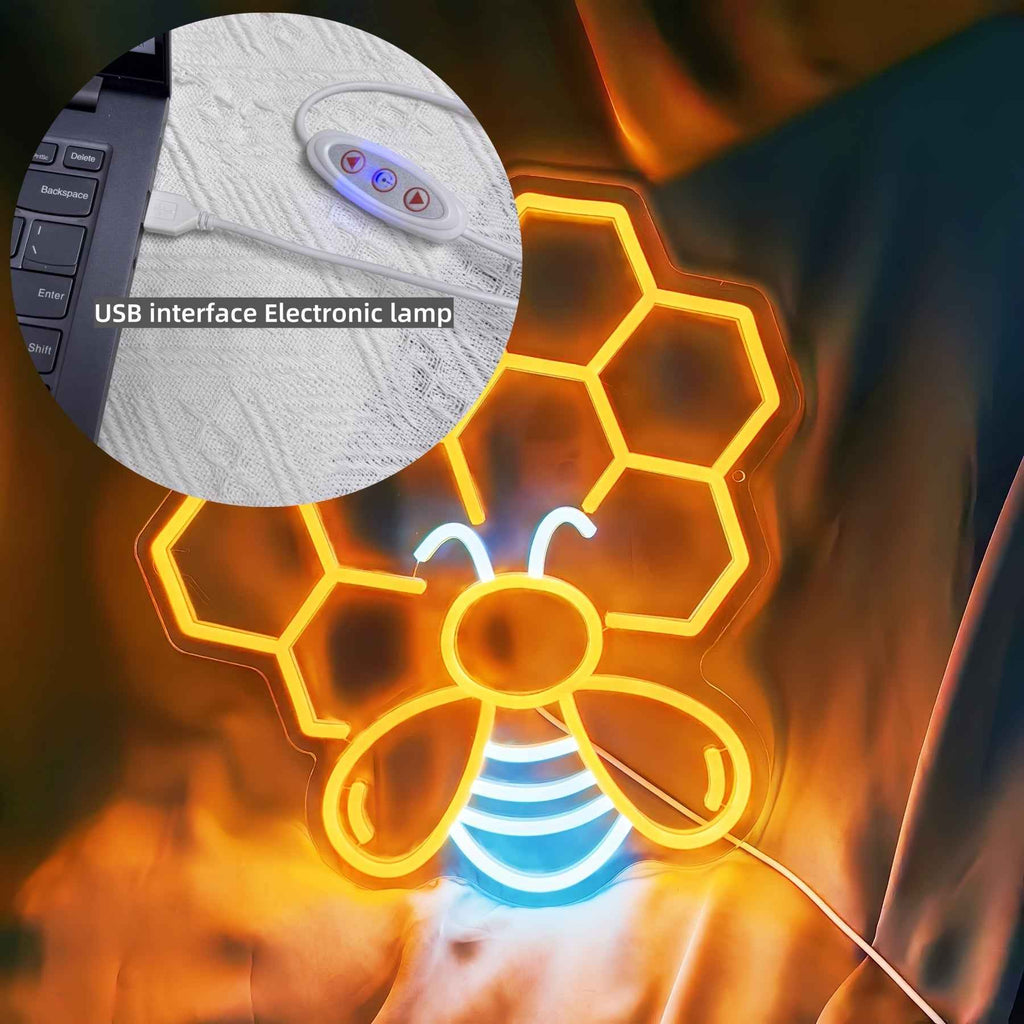 FOMZZE Cute Bee Neon Sign, USB Dimmable LED Light Up Sign, Creative Aesthetic Room Decor, with USB Light Compatible with Laptop, for Bedroom, Home Party, Birthday Gift, Wall Decor