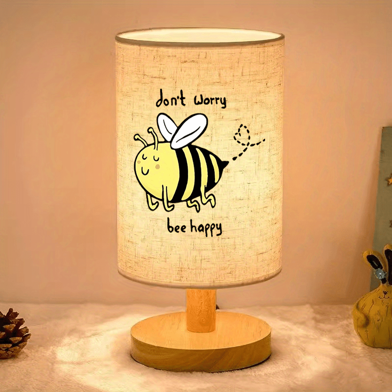 Modern USB Powered Linen Table Lamp with Cute Bee Pattern, Bedside Decorative Desk Light for Living Room and Bedroom, Best Gift for Family and Friends