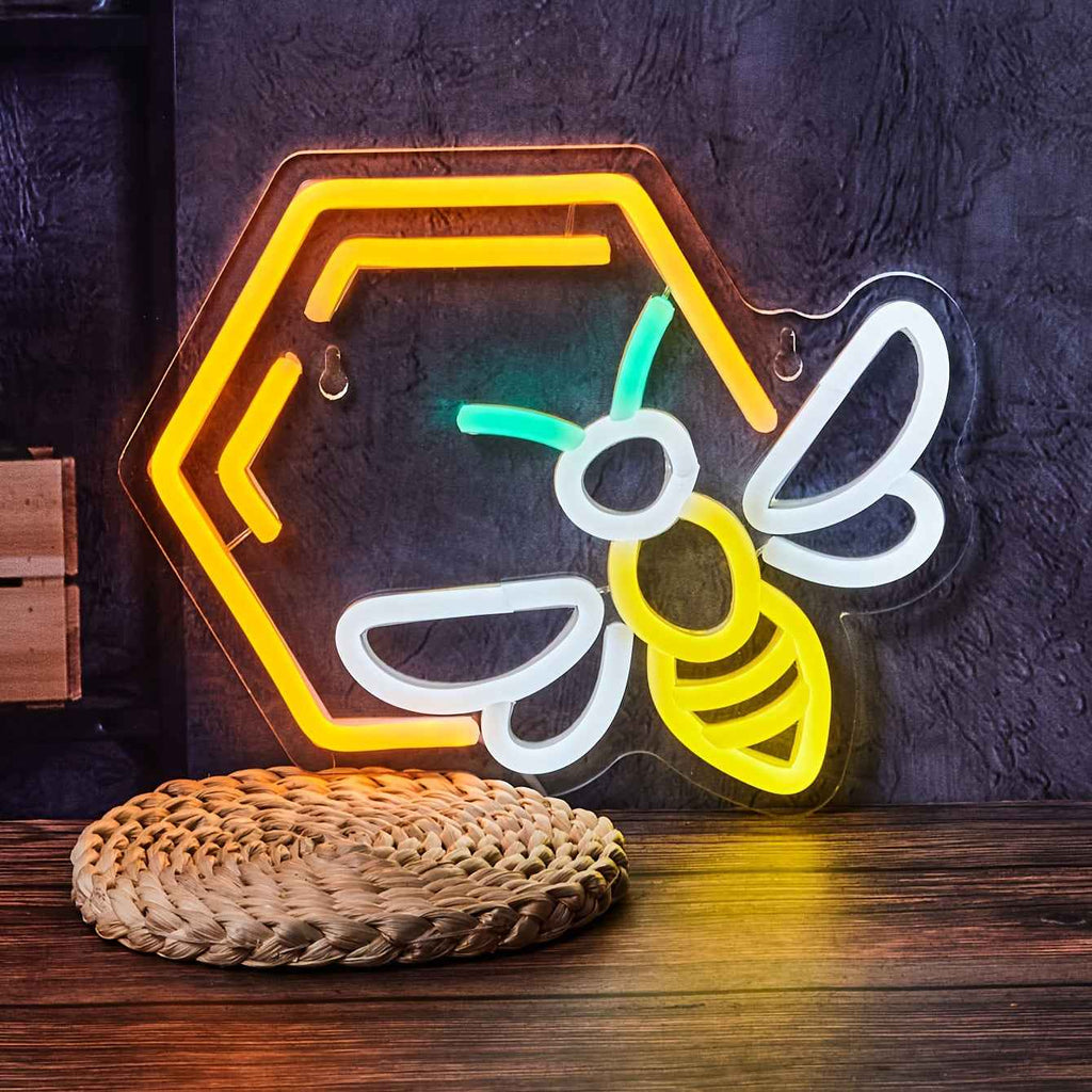 1pc Bee & Honeycomb LED Neon Sign - USB Powered Wall Art with Warm Yellow Glow, Modern Plastic Design for Home Decor, Parties, and Gifts, Unique Gift Item | Modern Neon Art | Plastic LED Sign, Neon Signs for Wall Decor
