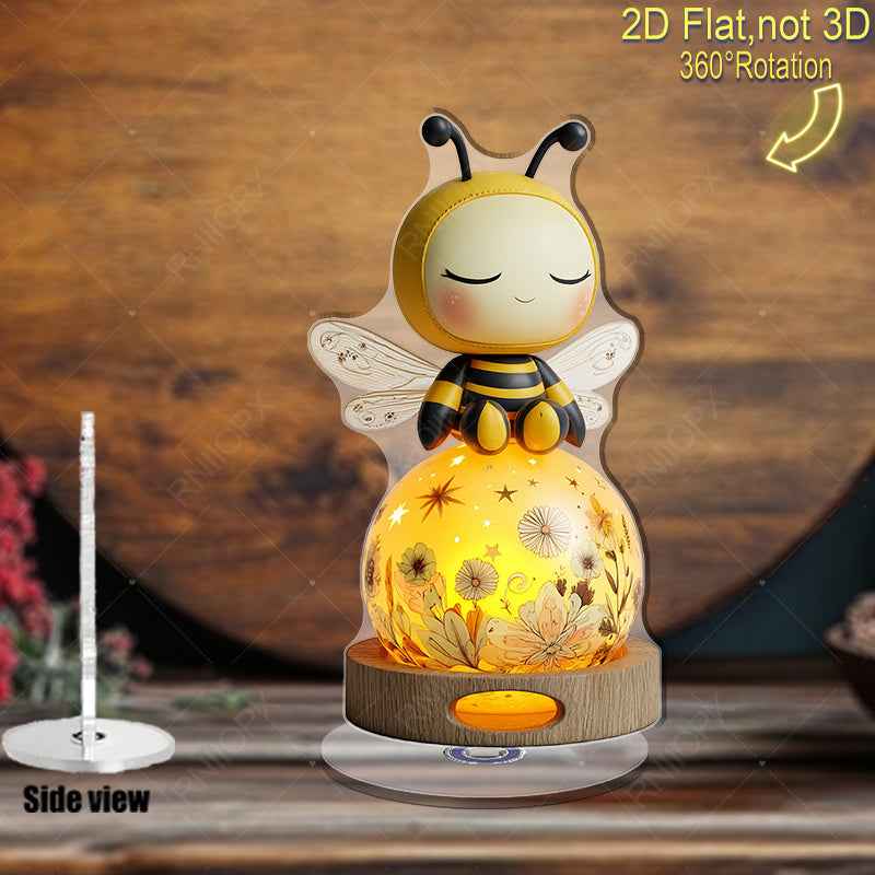 2D Flat, 2D Flat Print Rotating Acrylic Figurine Featuring A Cute Plush-Like Bee On A Glowing Spherical Lamp for Enhancing Home Ambiance As A Thoughtful Gift for Special Occasions, 2D Flat