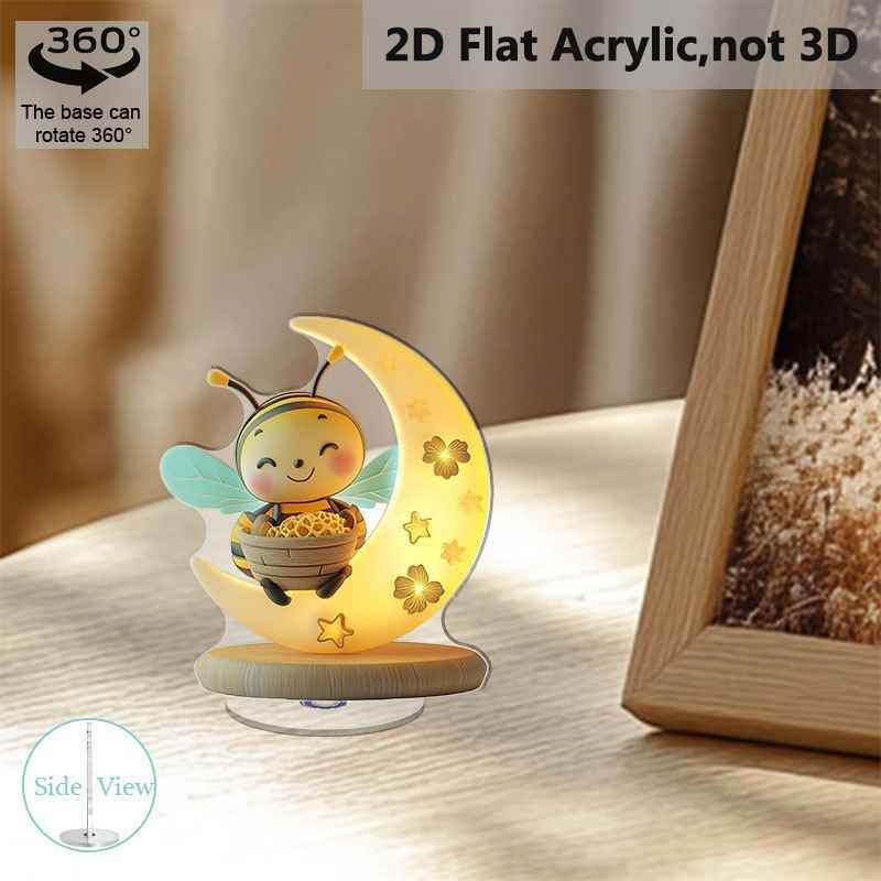 2D Flat, 2D Flat Acrylic Desktop Decor - Rotating Moonlit Bee with Warm Glow, Humorous Smiling Bee & Honeycomb Design, Durable PMMA Material, Indoor/Outdoor Home Office Decoration, No Electricity Needed, Little Bee Lamp, Bee