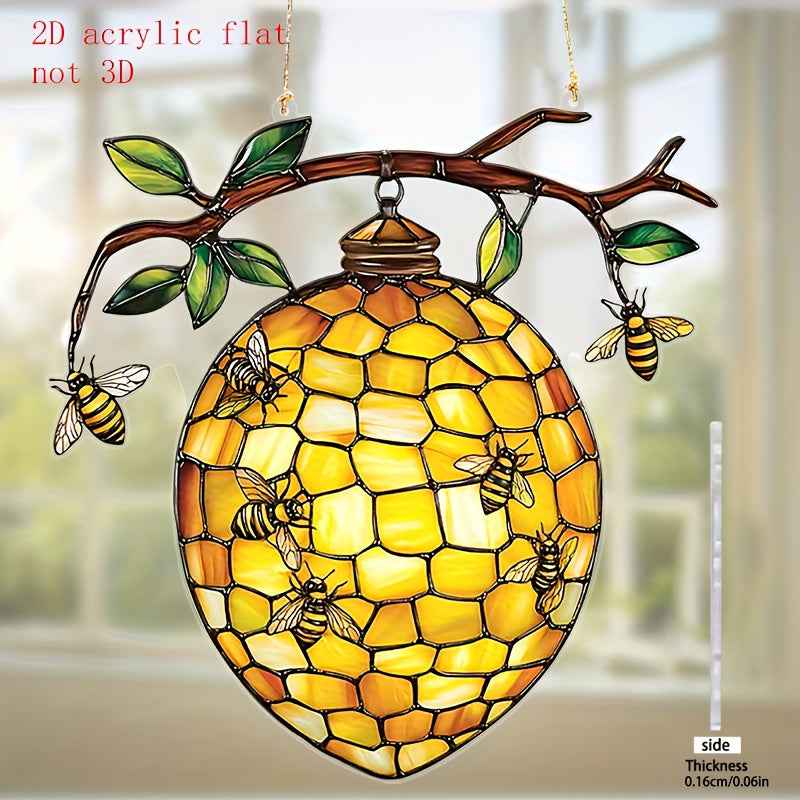 1pc, 2D Flat Vibrant Beehive and Bee Acrylic Suncatcher - Stained Glass Style Window Hanging, Great for Garden and Home Decoration, Perfect Birthday and Holiday Gift