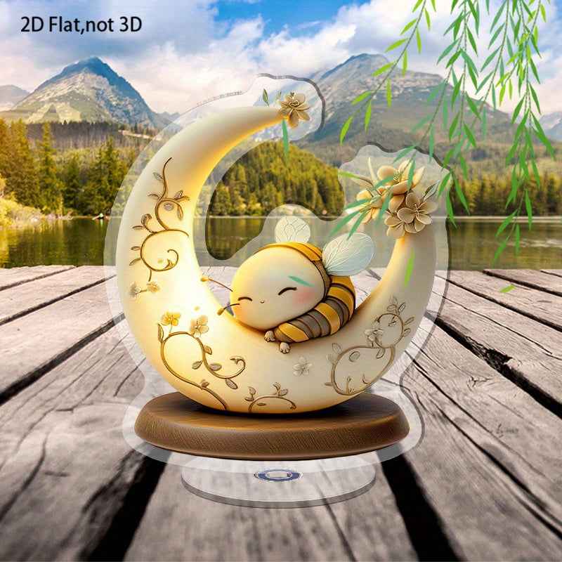 2D Flat Acrylic Tabletop Display Plaque, A Cute Bee Sleeping On A Moon-Shaped Decorative Lamp, Rotatable, With Base