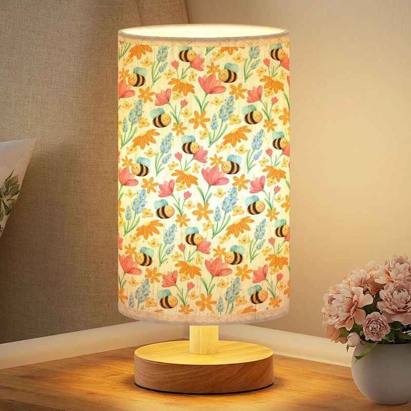 Festive Christmas & Year-Round LED Table Lamp with Warm White Light - Elegant Beige/Brown Floral Fabric Shade & Bee/ Motif, Soft Glow Bedside Light for Bedroom, Dorm, - -like Plug-and-Play Button Control (Wood